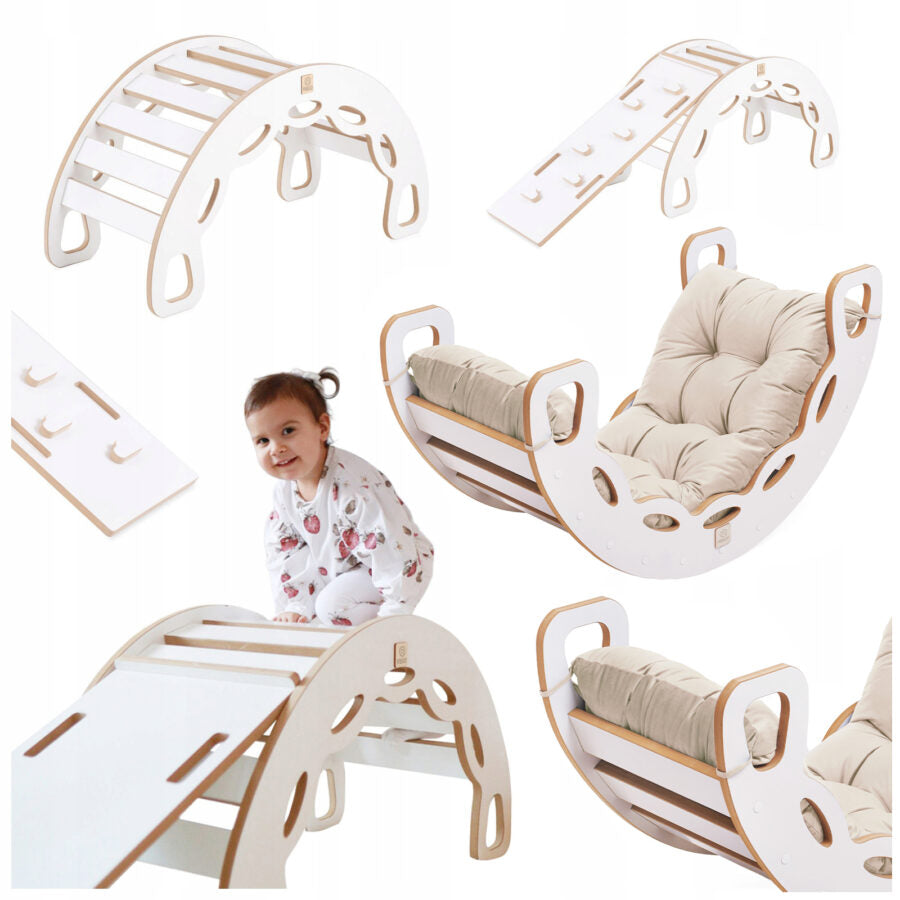 Small Rocker 4-in-1 rocker + climbing wall/slide + cushion (beige/gold Velvet)