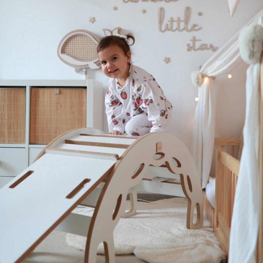 Small Rocker 4-in-1 rocker + climbing wall/slide + cushion (beige/gold Velvet)