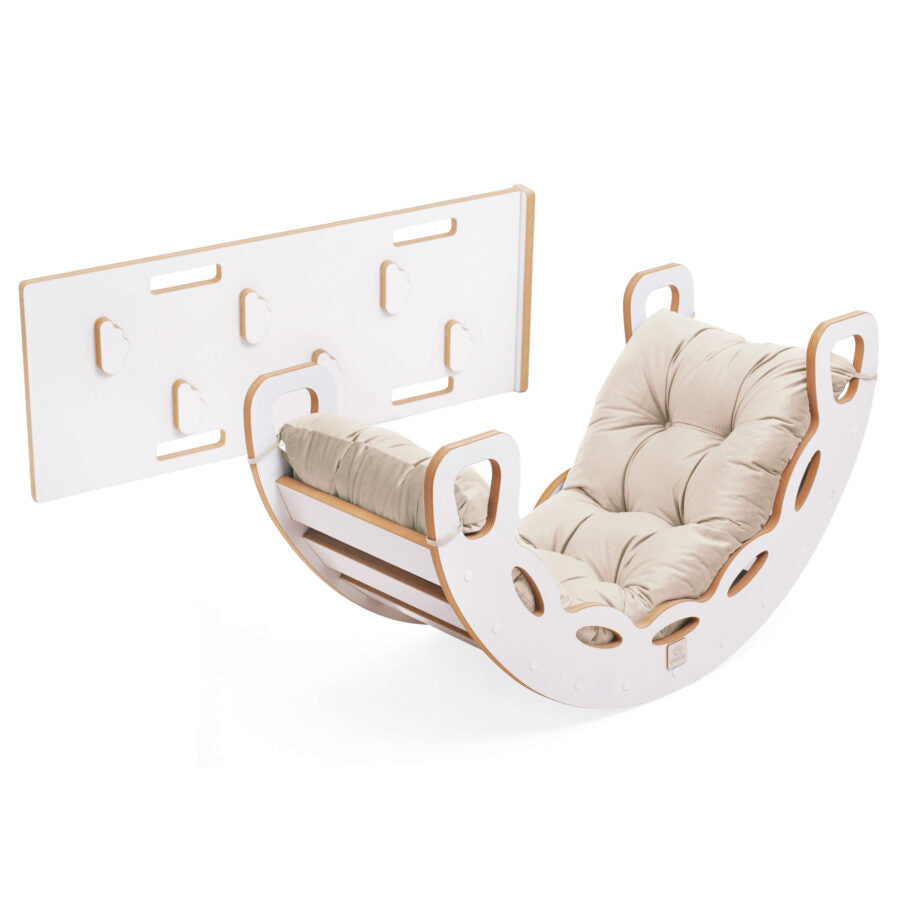 Small Rocker 4-in-1 rocker + climbing wall/slide + cushion (beige/gold Velvet)